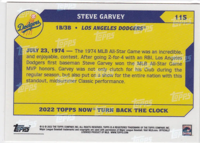 Back of a 2022 TURN BACK THE CLOCK Steve Garvey Los Angeles Dodgers trading card