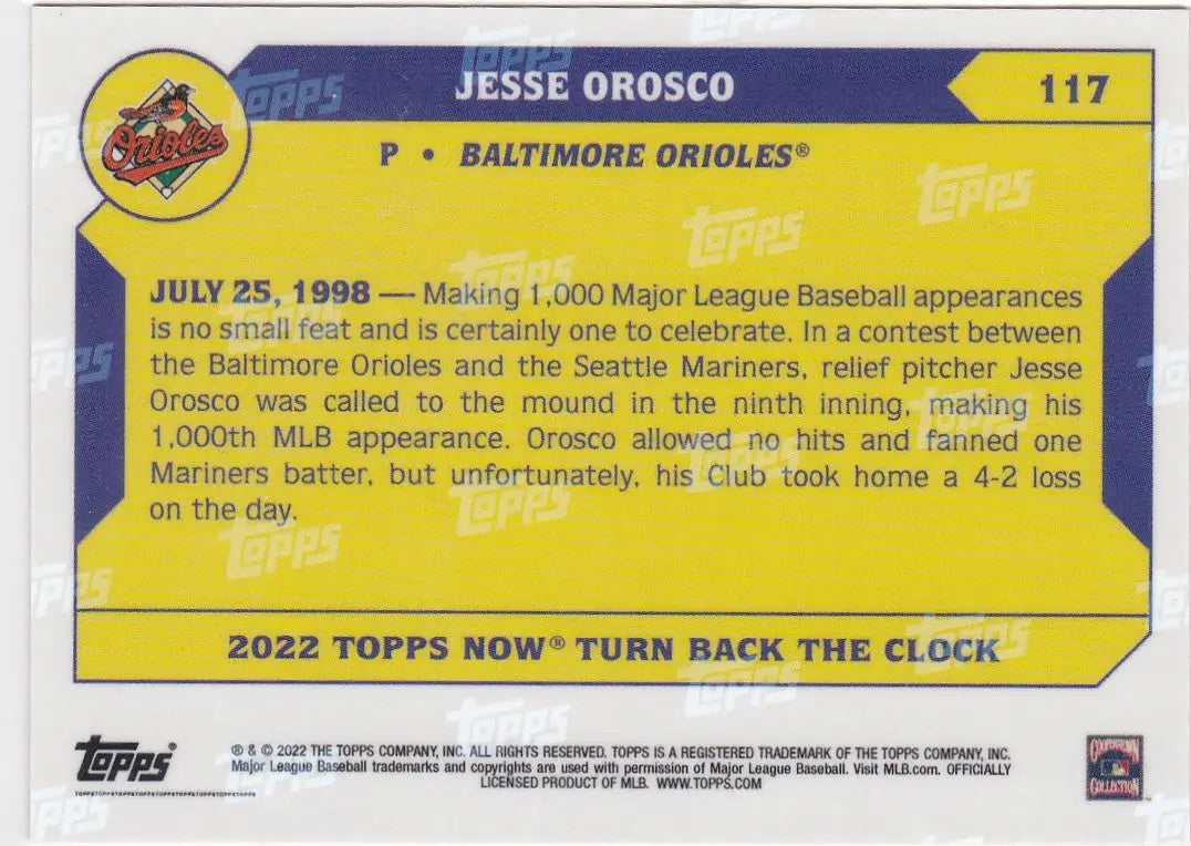 Baseball card of Jesse Orosco Baltimore Orioles 2022 Turn Back The Clock #117
