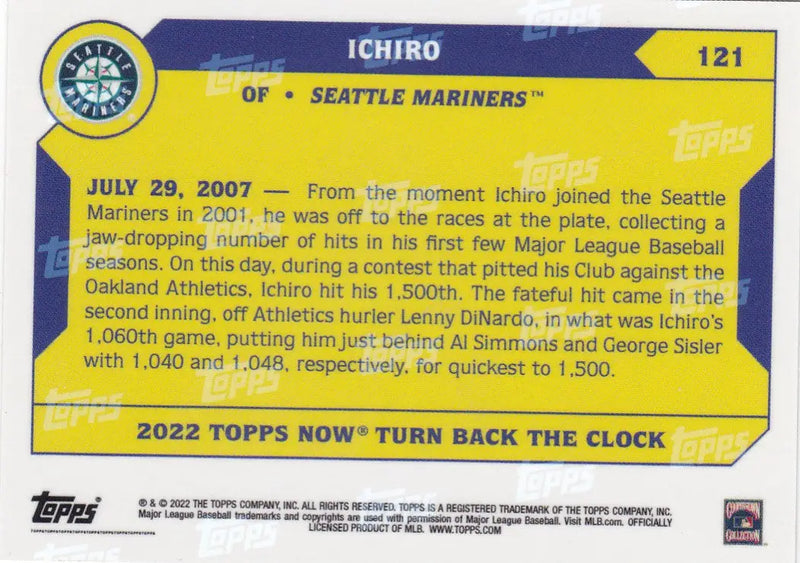 2022 TURN BACK THE CLOCK #121 ICHIRO- SEATTLE MARINERS - Baseball Card Single