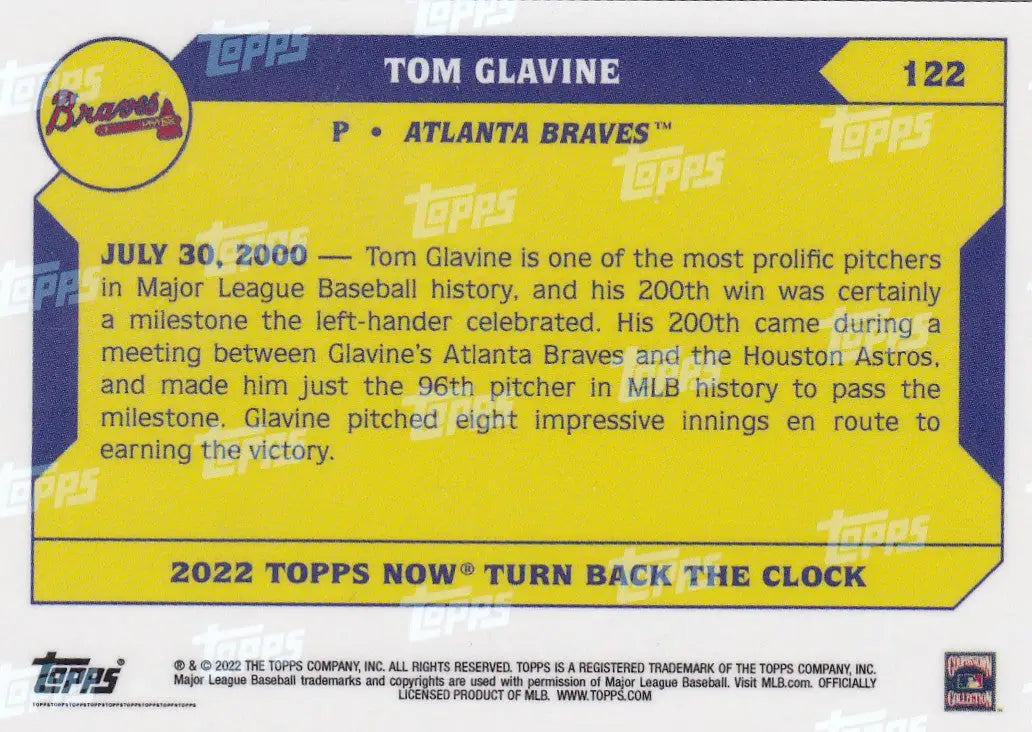 2022 TURN BACK THE CLOCK #122 TOM GLAVINE- ATLANTA BRAVES - Baseball Card Single