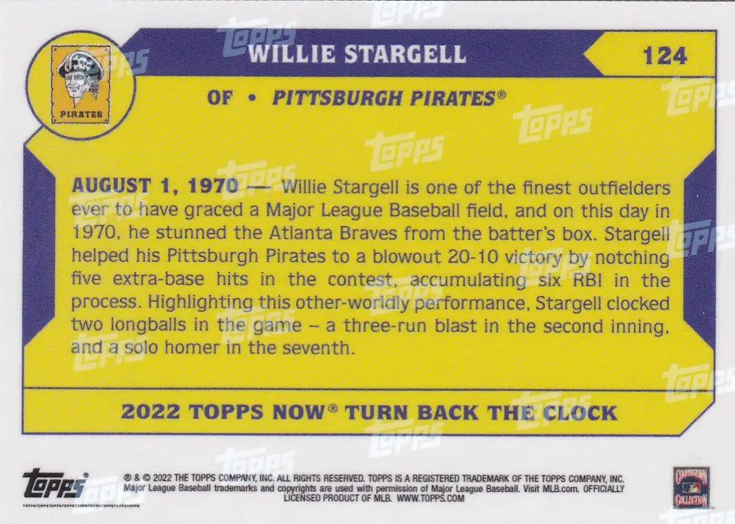 2022 TURN BACK THE CLOCK #124 WILLIE STARGELL- PITTSBURGH PIRATES - Baseball Card Single