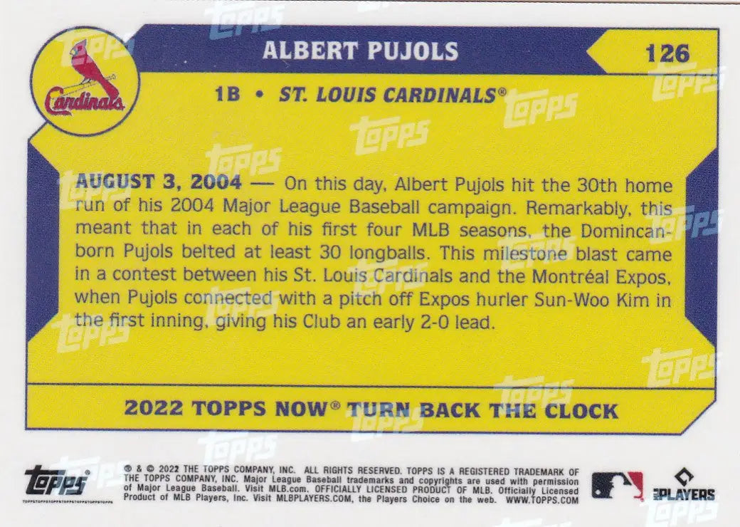 2022 TURN BACK THE CLOCK #126 ALBERT PUJOLS- ST LOUIS CARDINALS - Baseball Card Single
