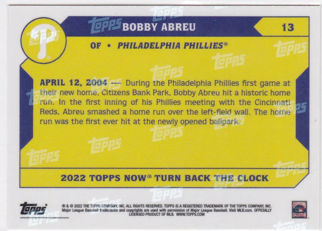Baseball card featuring Bobby Abreu Philadelphia Phillies 2022 Turn Back the Clock