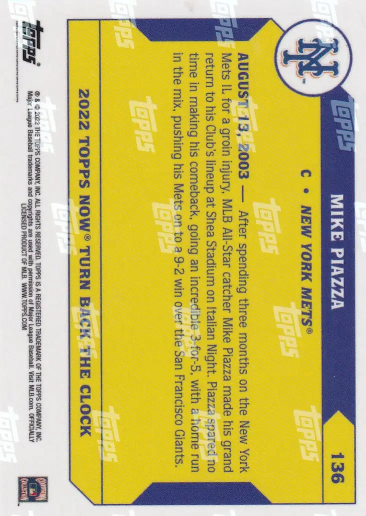 2022 TURN BACK THE CLOCK #136 MIKE PIAZZA- NEW YORK METS - Baseball Card Single