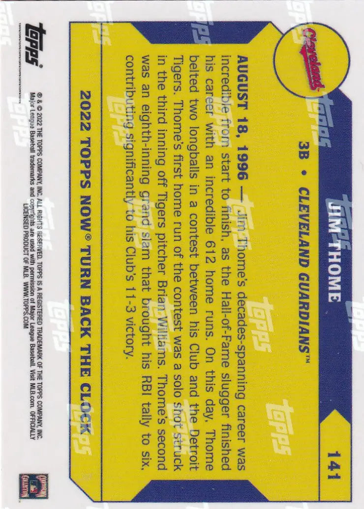2022 TURN BACK THE CLOCK #141 JIM THOME- CLEAVELND GUARDIANS - Baseball Card Single