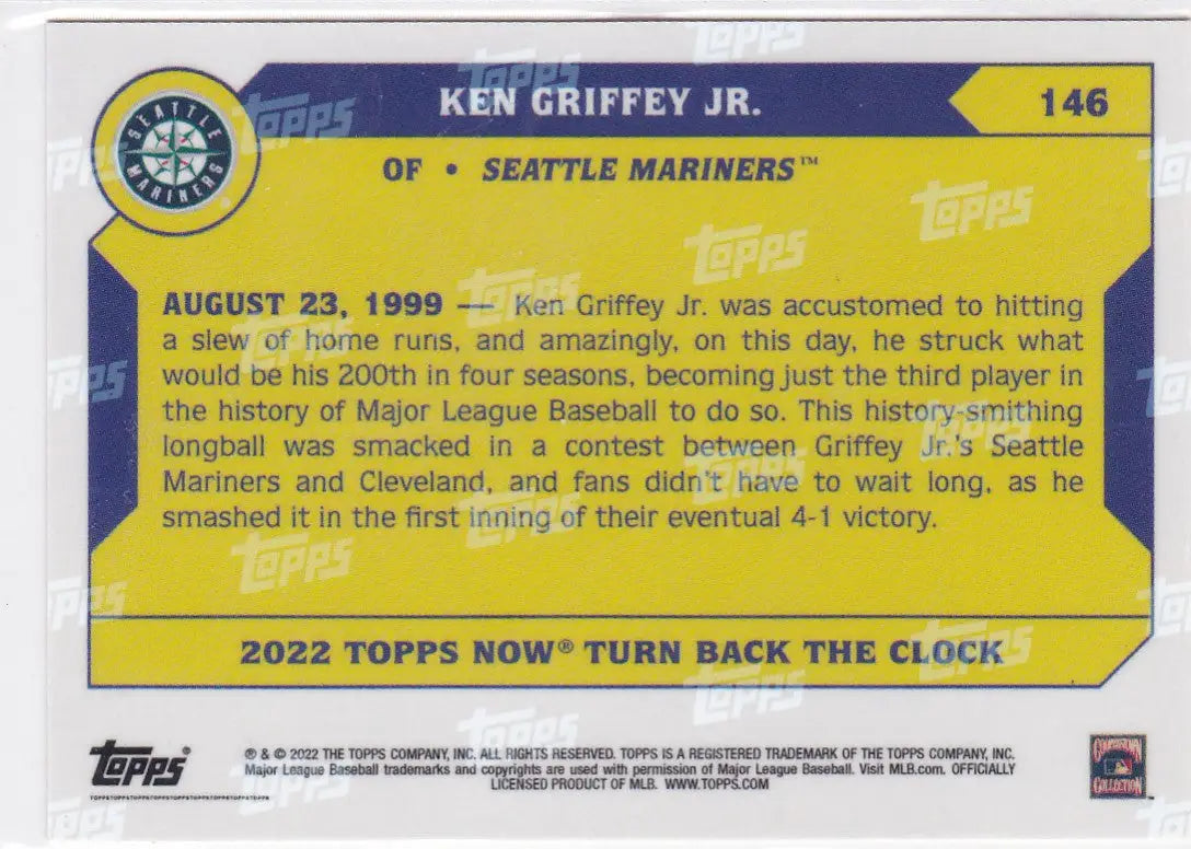 Back of 2022 TURN BACK THE CLOCK Ken Griffey Jr Seattle Mariners baseball card