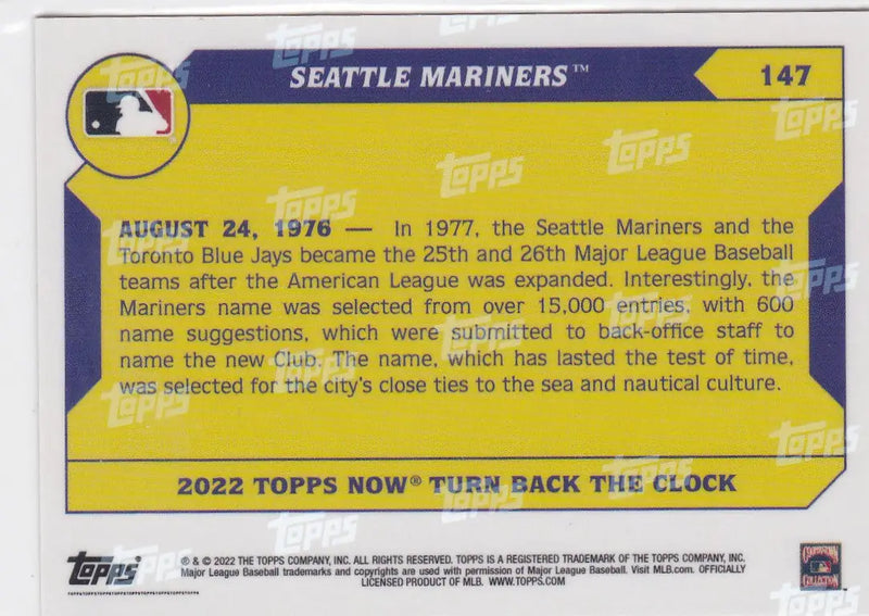 Baseball trading card featuring Seattle Mariners player from 2022 TURN BACK THE CLOCK series