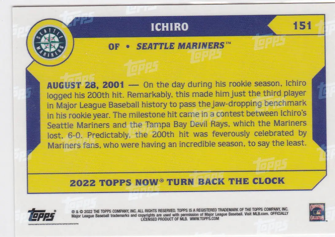 Yellow and blue Ichiro baseball card for Seattle Mariners in 2022 TURN BACK THE CLOCK #151