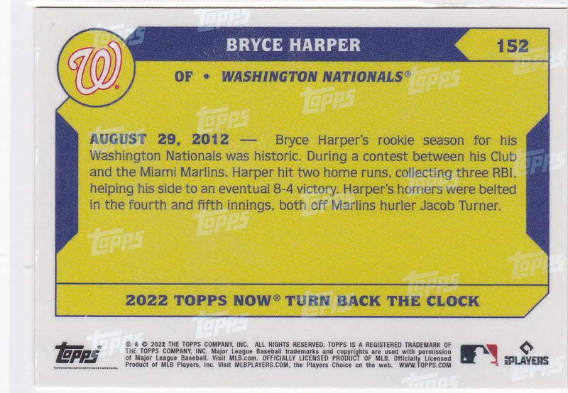 Baseball trading card of Bryce Harper Washington Nationals 2022 TURN BACK THE CLOCK