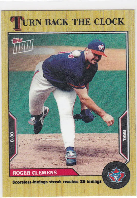 Baseball trading card featuring Roger Clemens of Toronto Blue Jays from 2022 TURN BACK THE CLOCK series