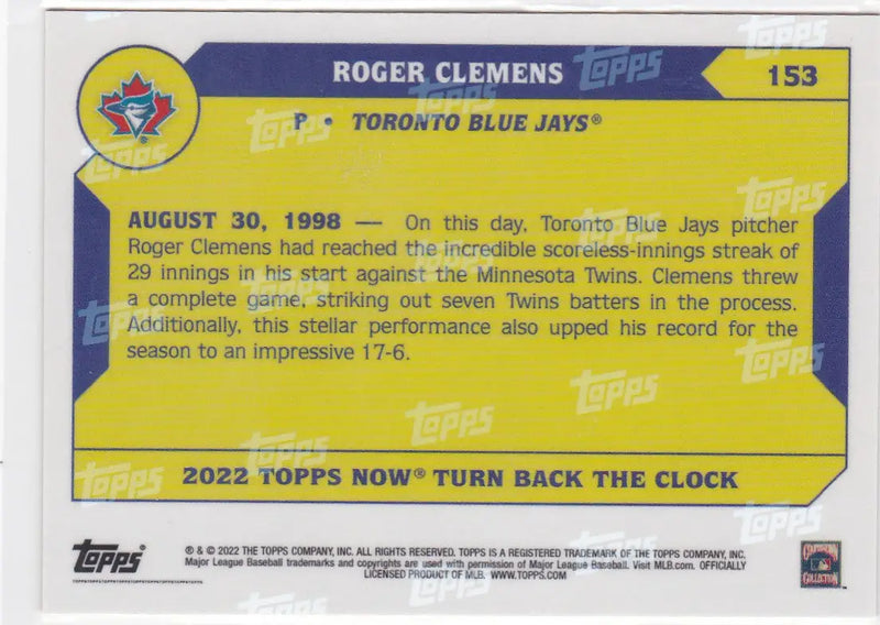 Yellow and blue Roger Clemens baseball card for Toronto Blue Jays 2022 TURN BACK THE CLOCK