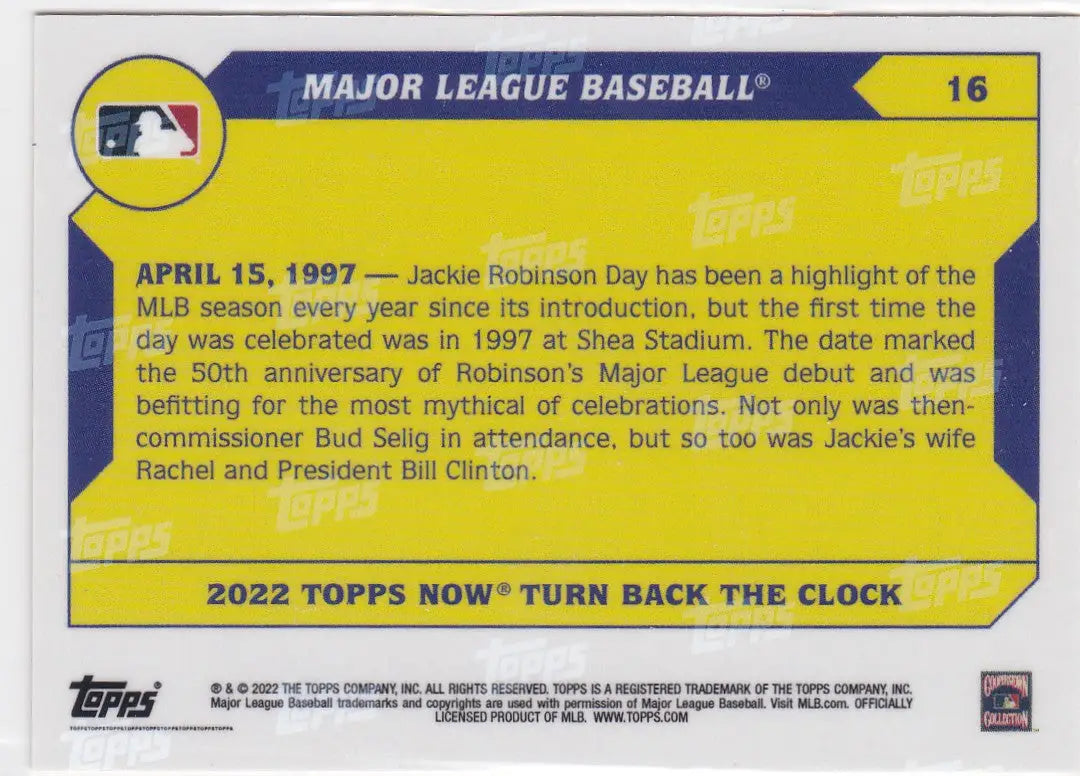 Back of a yellow and blue 2022 TURN BACK THE CLOCK MLB baseball card