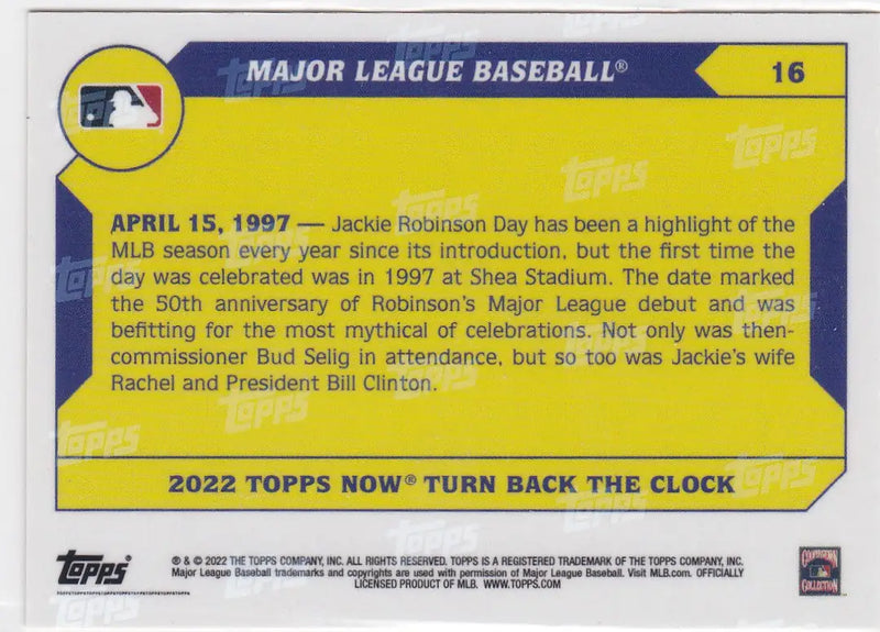 Back of a yellow and blue 2022 TURN BACK THE CLOCK MLB baseball card