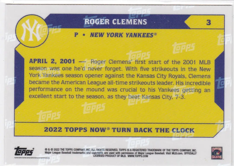 Baseball card featuring Roger Clemens of the New York Yankees from 2022 TURN BACK THE CLOCK series