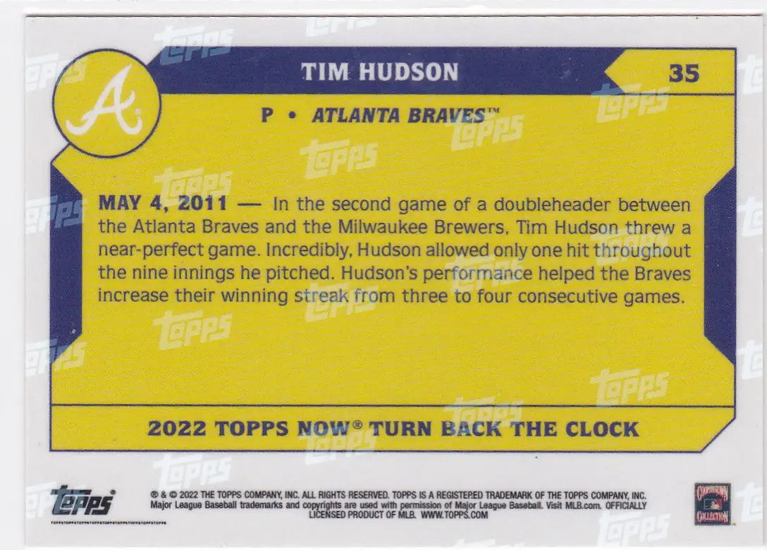 2022 Topps Now Tim Hudson Atlanta Braves baseball card for 2022 Turn Back the Clock series