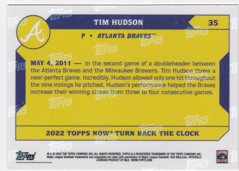 2022 Topps Now Tim Hudson Atlanta Braves baseball card for 2022 Turn Back the Clock series