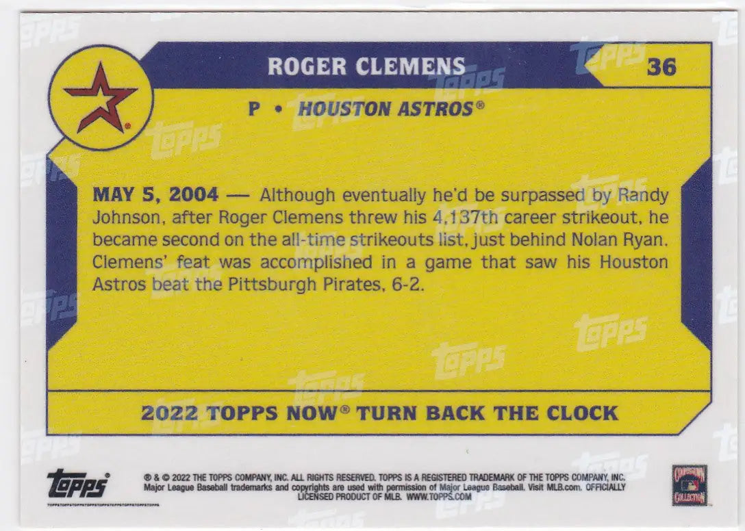Baseball trading card of Roger Clemens Houston Astros from 2022 TURN BACK THE CLOCK series