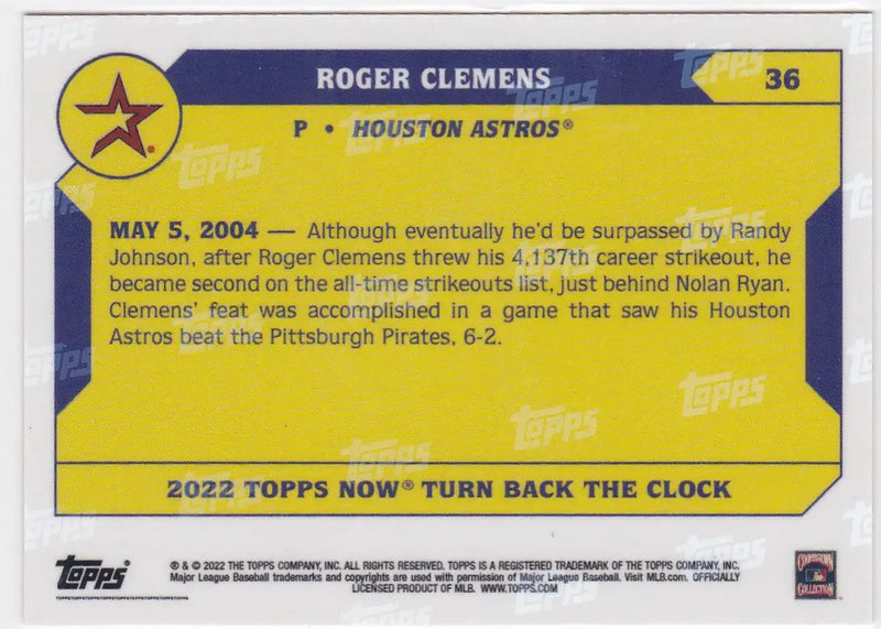 Baseball trading card of Roger Clemens Houston Astros from 2022 TURN BACK THE CLOCK series