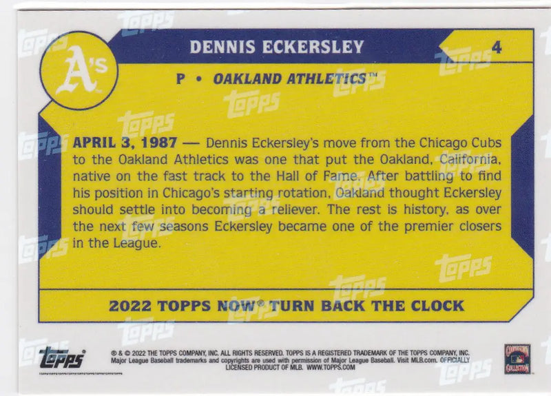 Baseball card featuring Dennis Eckersley Oakland Athletics with yellow background and blue accents