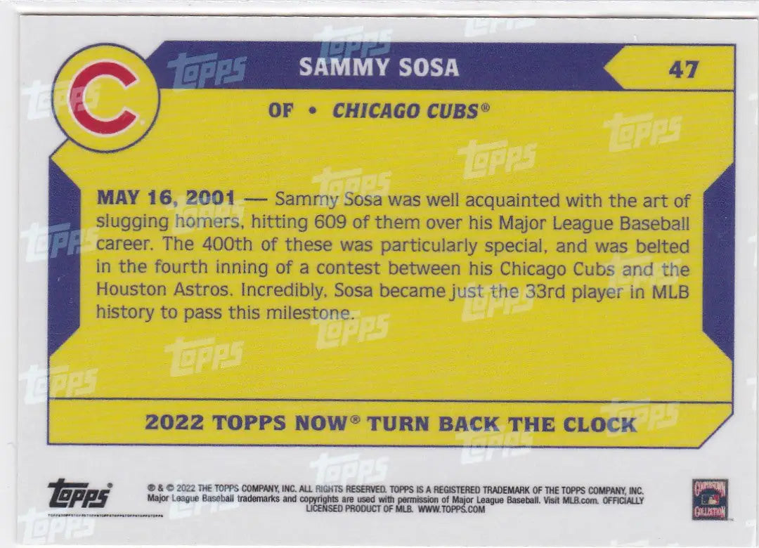 Yellow and blue Sammy Sosa Chicago baseball card celebrating his 400th home run