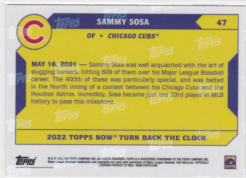 Yellow and blue Sammy Sosa Chicago baseball card celebrating his 400th home run