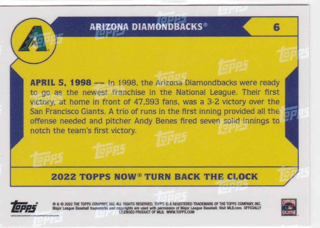 Baseball card commemorating Arizona Diamondbacks first victory from 2022 TURN BACK THE CLOCK #6