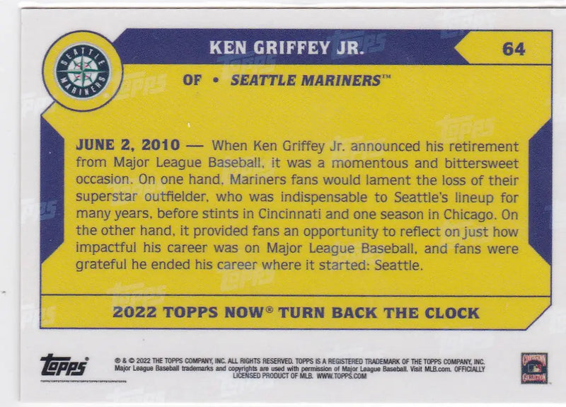Back of yellow and blue baseball card for Ken Griffey Jr Seattle Mariners 2022 TURN BACK THE CLOCK