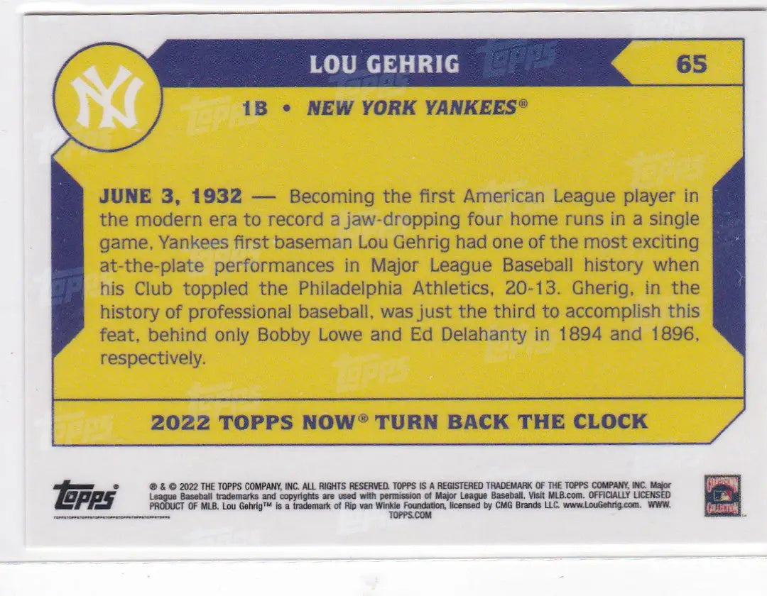 Baseball card of Lou Gehrig for the New York Yankees celebrating his historic four-home-run game