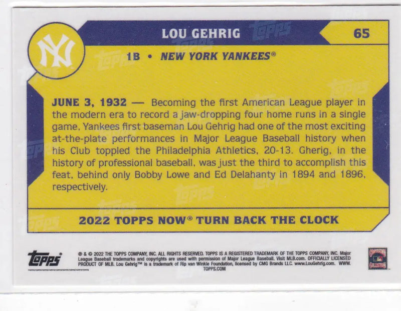 Baseball card of Lou Gehrig for the New York Yankees celebrating his historic four-home-run game