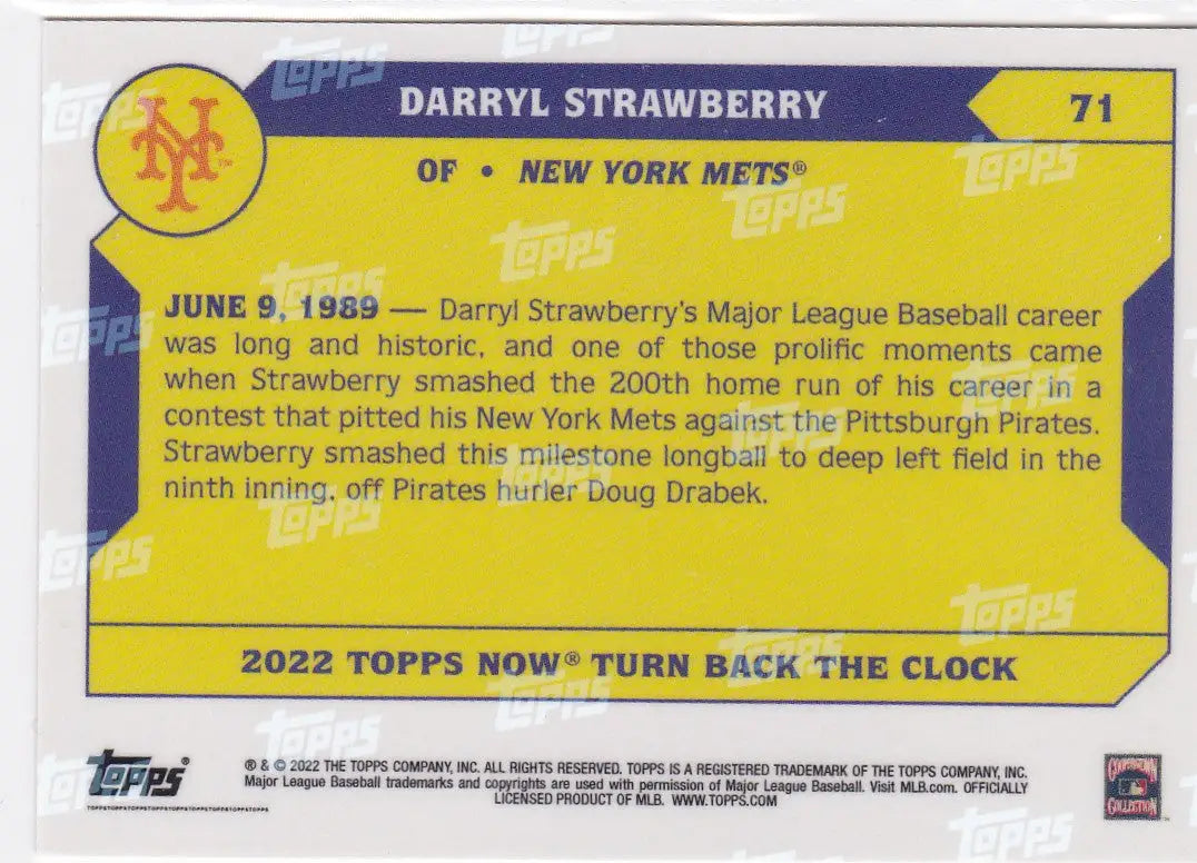 Reverse side of 2022 TURN BACK THE CLOCK Darryl Strawberry baseball card with 200th home run info