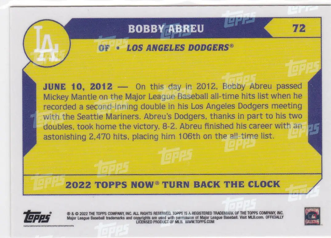 Los Angeles Dodgers Bobby Abreu 2022 Topps Now baseball card for 2022 TURN BACK THE CLOCK