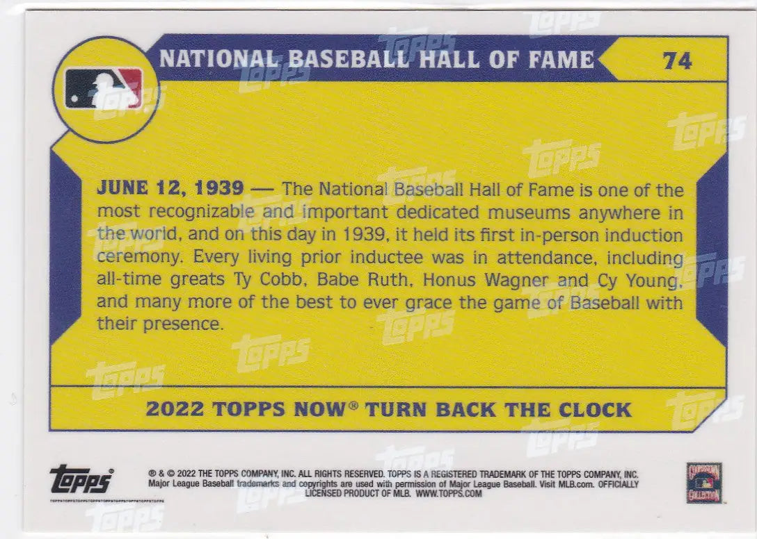 Back of a yellow and purple Baseball Trading Card from 2022 TURN BACK THE CLOCK #74 HALL OF FAME