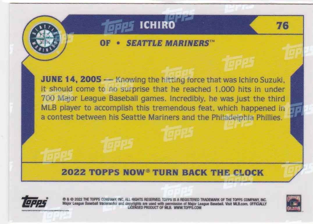 Back of yellow and blue baseball card featuring Ichiro Suzuki from 2022 TURN BACK THE CLOCK #76 ICHIRO- SEATTLE MARINERS
