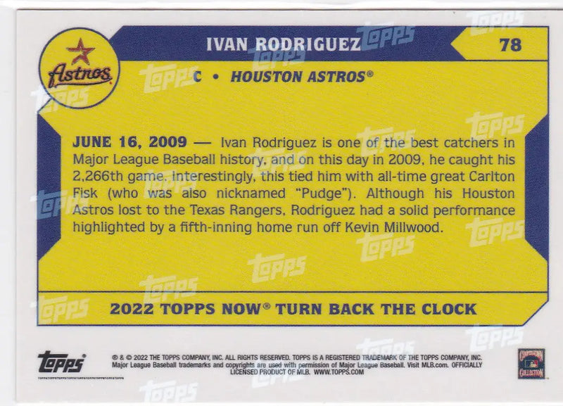 Back of 2022 TURN BACK THE CLOCK #78 Ivan Rodriguez Houston Astros baseball card