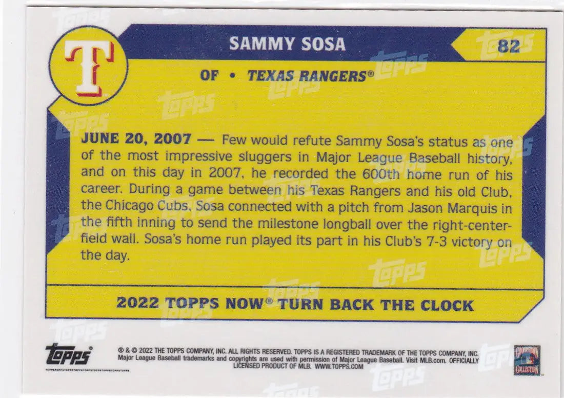 Sammy Sosa Texas Rangers baseball card with yellow background and blue banner, 2022 product