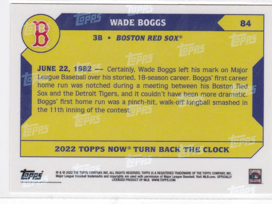 Yellow and blue Wade Boggs Boston Red Sox baseball card from 2022 TURN BACK THE CLOCK series