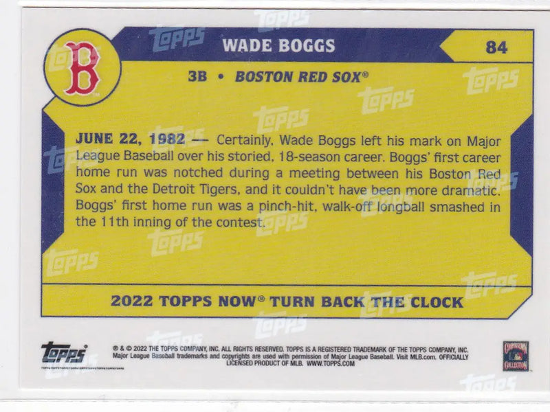 Yellow and blue Wade Boggs Boston Red Sox baseball card from 2022 TURN BACK THE CLOCK series