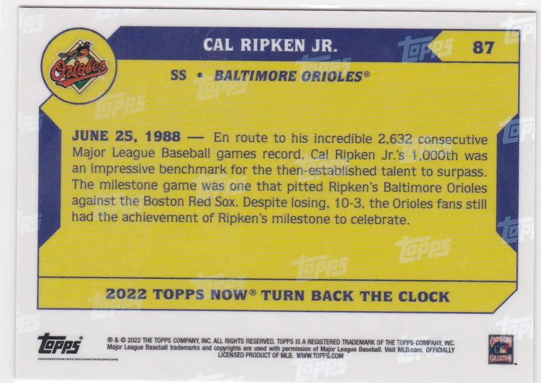 Baseball trading card featuring Cal Ripken Jr from Baltimore Orioles 2022 TURN BACK THE CLOCK