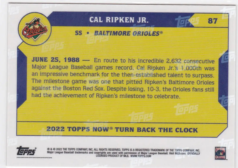 Baseball trading card featuring Cal Ripken Jr from Baltimore Orioles 2022 TURN BACK THE CLOCK