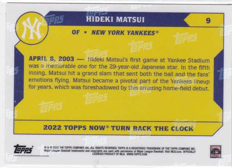 Reverse side of 2022 TURN BACK THE CLOCK Hideki Matsui New York Yankees baseball card
