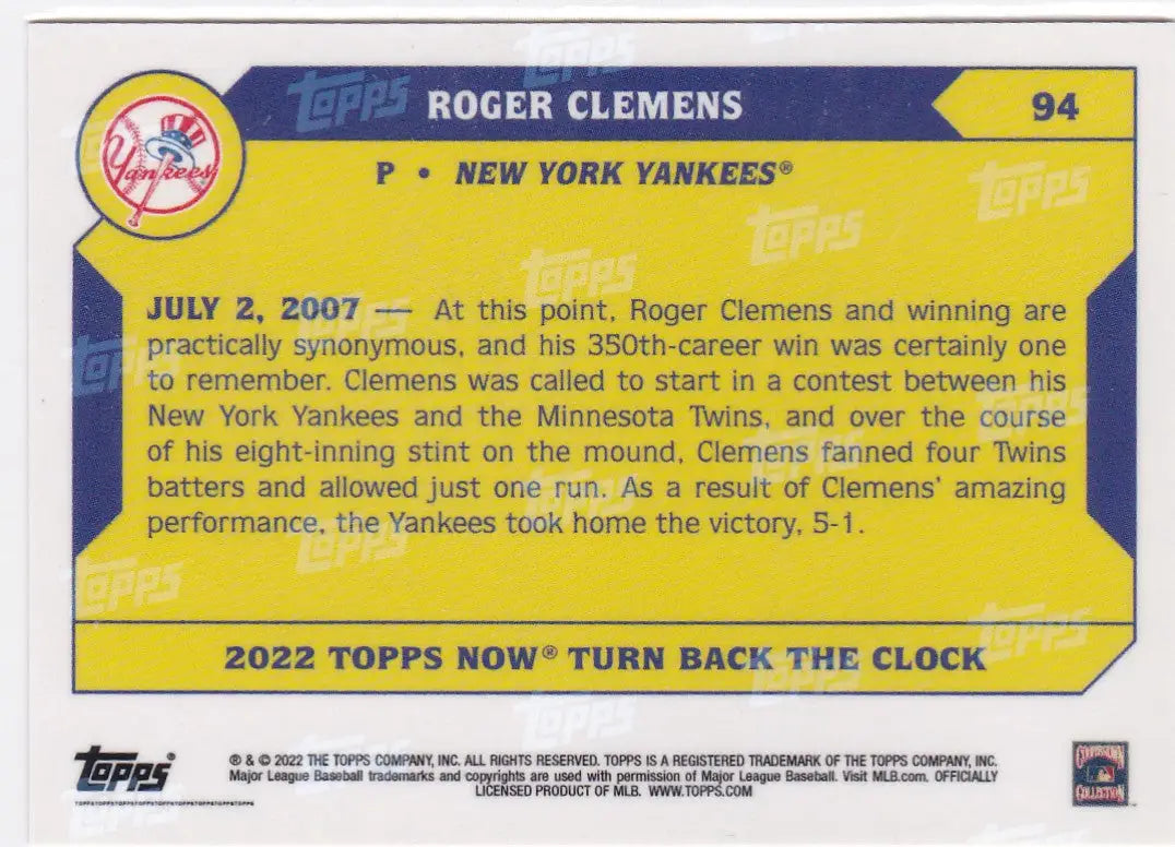 Baseball trading card featuring Roger Clemens of the New York Yankees 2022 TURN BACK THE CLOCK