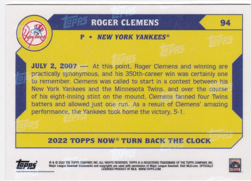 Baseball trading card featuring Roger Clemens of the New York Yankees 2022 TURN BACK THE CLOCK