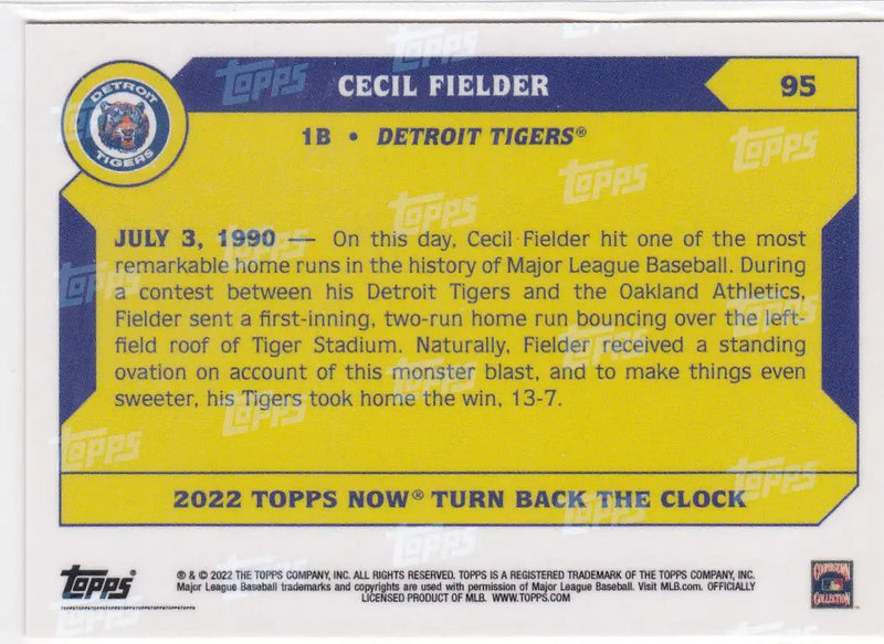 Back of a baseball trading card featuring Cecil Fielder- Detroit Tigers 2022 TURN BACK THE CLOCK #95