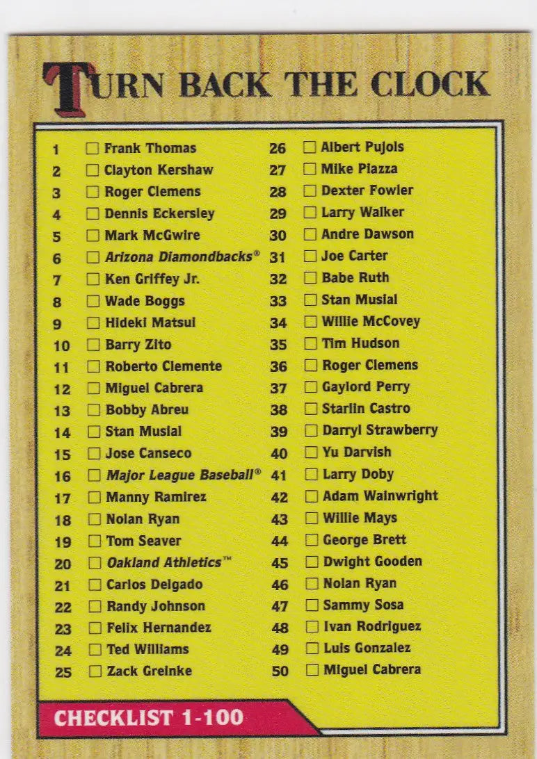 Baseball card clock check list with player names from 2022 TURN BACK THE CLOCK CHECK LIST 1-100