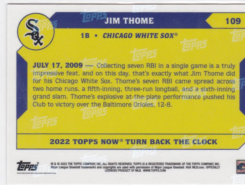 Yellow and blue Jim Thome baseball card from 2022 TURN BACK THE CLOCK Chicago White Sox series
