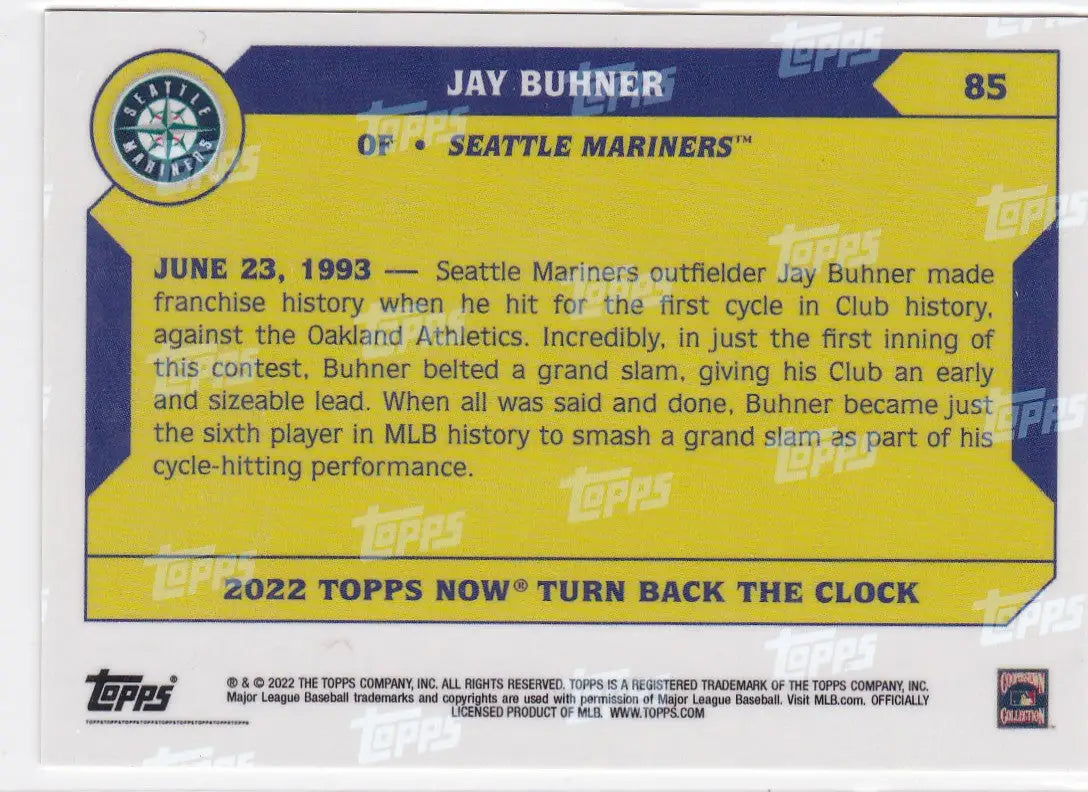 Yellow and blue 2022 TURN BACK THE CLOCK Seattle Mariners Jay Buhner baseball card
