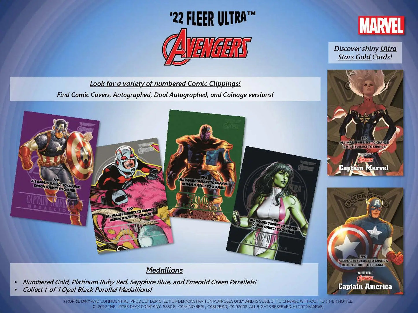 Marvel Avengers trading cards from 2022 Upper Deck Fleer Ultra set showcase heroes