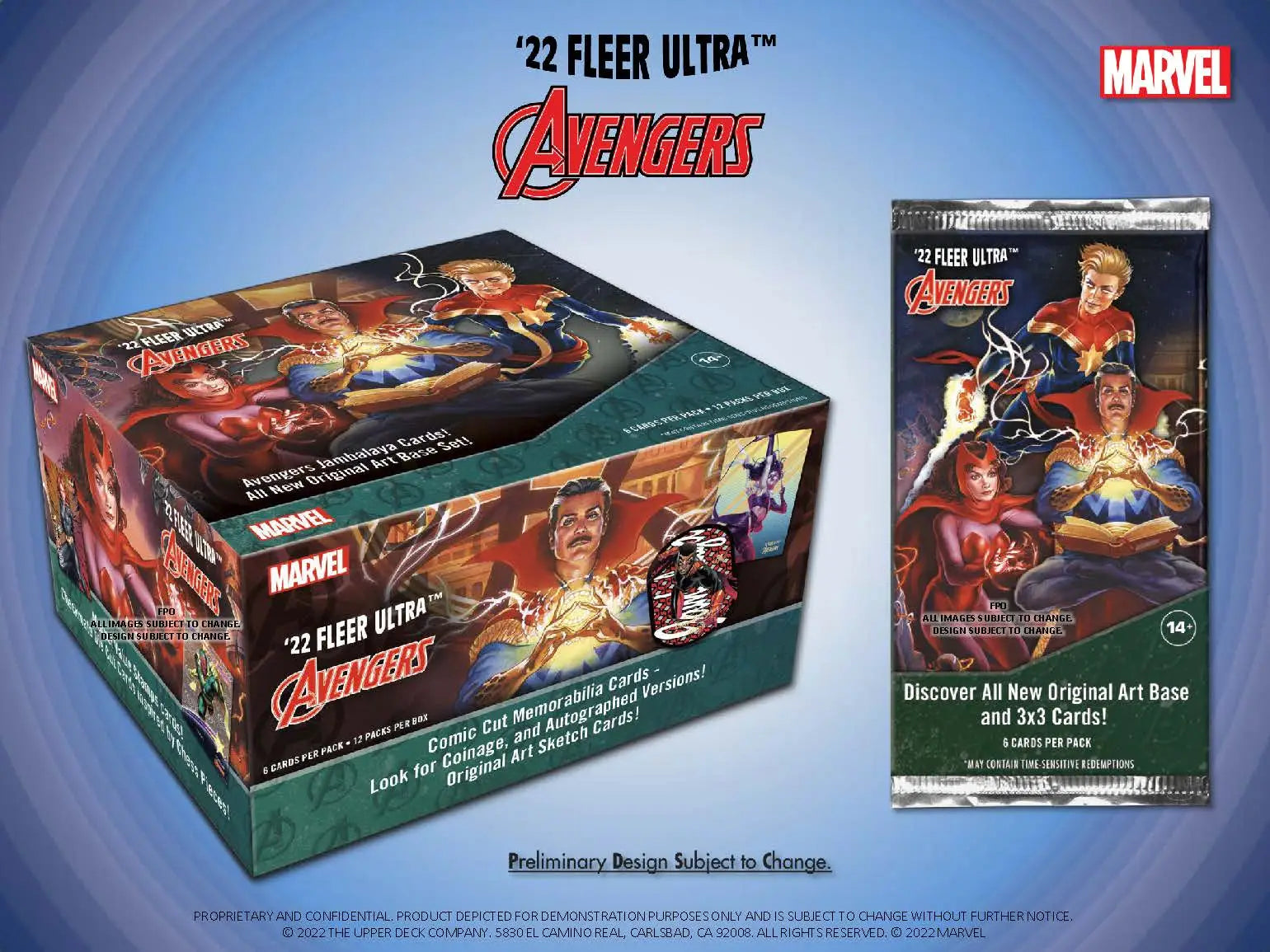 2022 Upper Deck Fleer Ultra Marvel Avengers trading card box and pack display