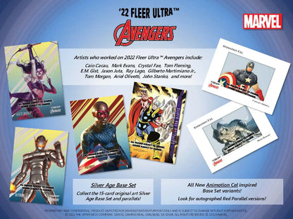 Avengers trading card advertisement from 2022 Upper Deck Fleer Ultra Marvel collection