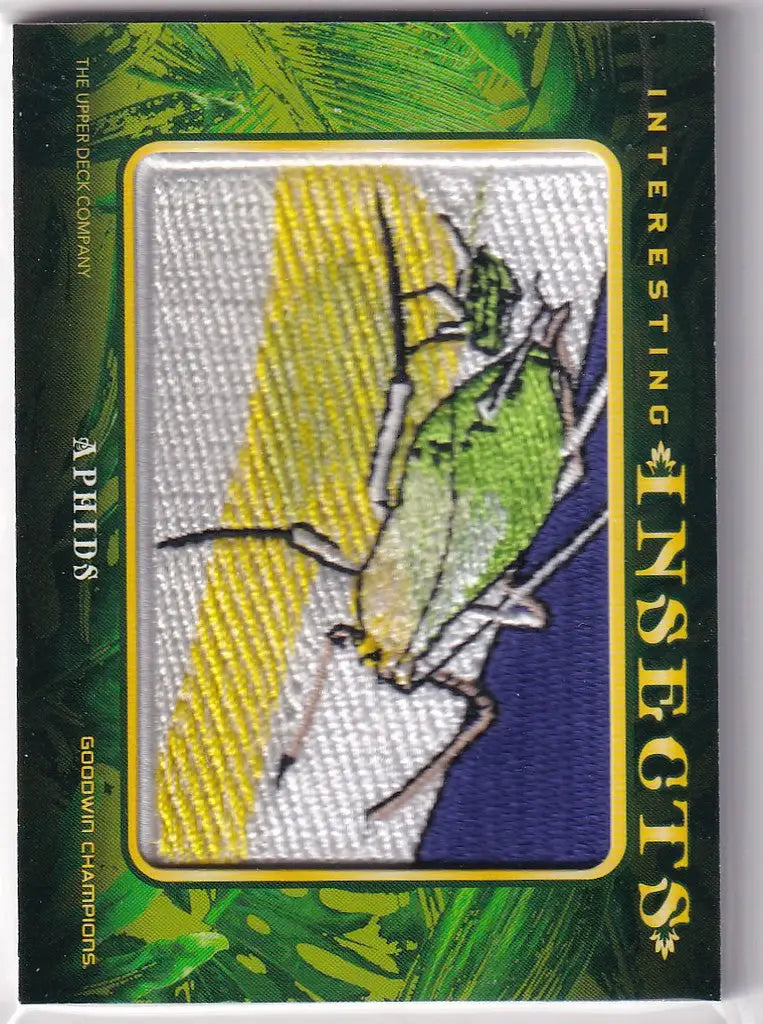 Embroidered patch of a green insect on 2022 Upper Deck Goodwin Interesting Insects card